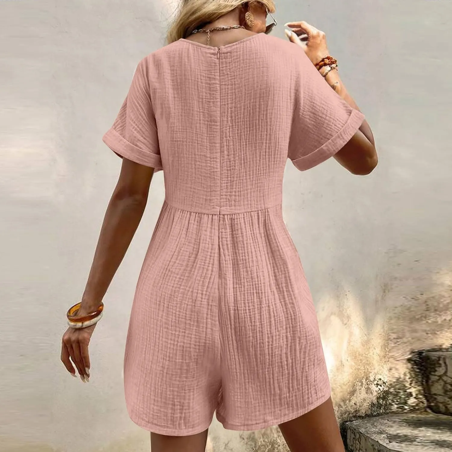 Summer Short Rompers for Women 2024 Casual Loose Short Sleeve Romper V Neck Cotton Linen Shorts Jumpsuit with Pockets