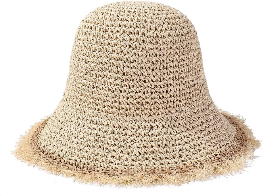 Summer Straw Bucket Hats for Women Floppy Sun Hats Crochet Bucket Hat Beige