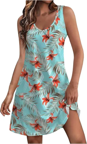 Summer Vacatioin Dresses for Women 2024 Casual Knee Length Plus Size Sun Dress Casual Boho Beach Flowy Dress with Pocket