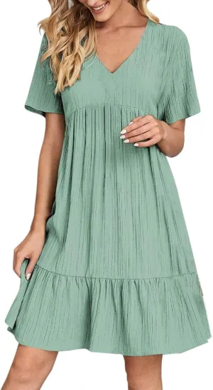Sundresses for Women 2025 Casual Loose Fit Prom Bohemian Short Dress Plus Size Solid Color Swing V Neck Tiered Flowy Dress
