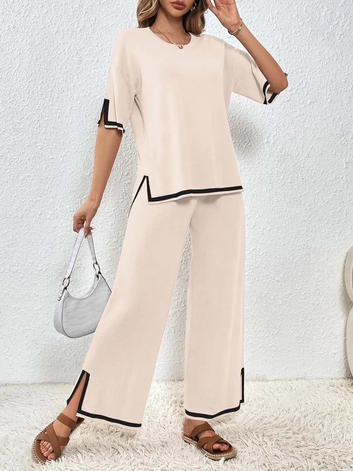 SuperPrity Women Sweater Sets 2 Piece Outfits Short Sleeve Knit Pullover Tops High Waisted Wide Leg Pants Lounge Sets