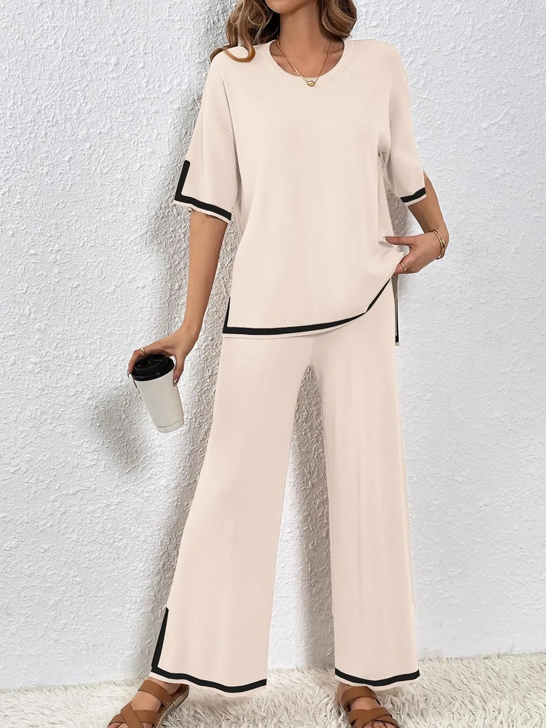 SuperPrity Women Sweater Sets 2 Piece Outfits Short Sleeve Knit Pullover Tops High Waisted Wide Leg Pants Lounge Sets