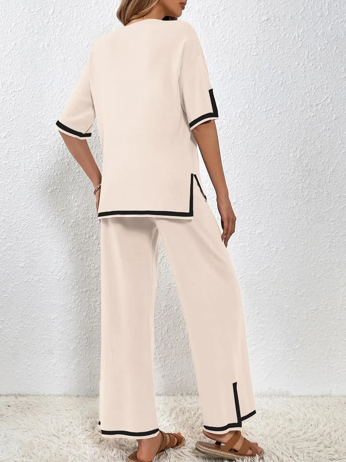 SuperPrity Women Sweater Sets 2 Piece Outfits Short Sleeve Knit Pullover Tops High Waisted Wide Leg Pants Lounge Sets