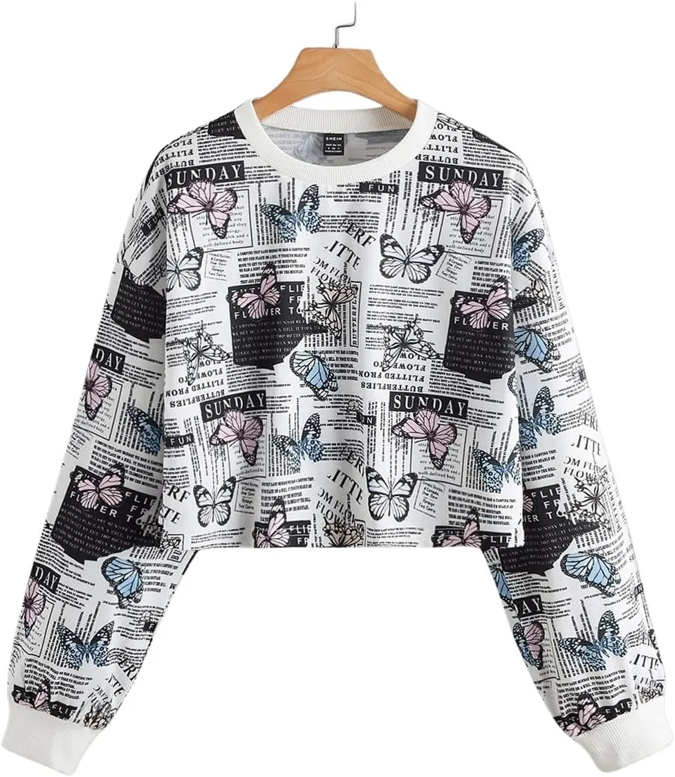 SweatyRocks Women's Butterfly Pattern Letter Graphic Sweatshirt Long Sleeve Crop Tops