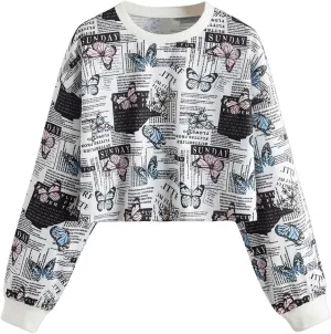 SweatyRocks Women's Butterfly Pattern Letter Graphic Sweatshirt Long Sleeve Crop Tops