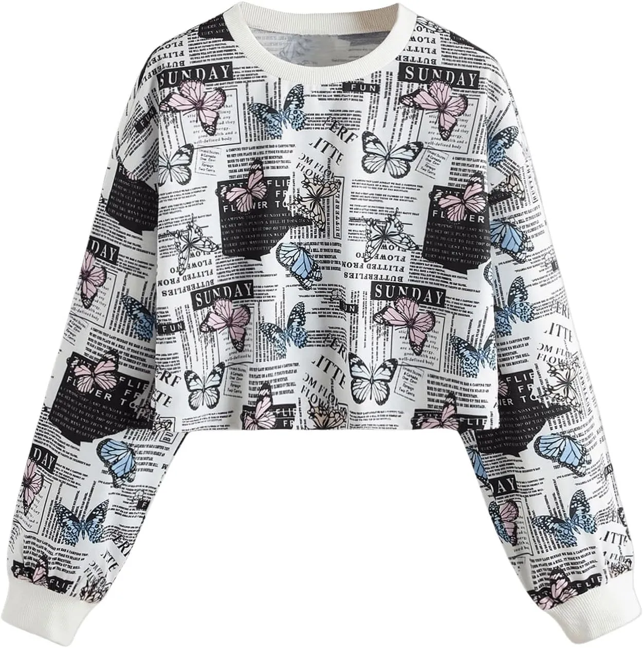 SweatyRocks Women's Butterfly Pattern Letter Graphic Sweatshirt Long Sleeve Crop Tops