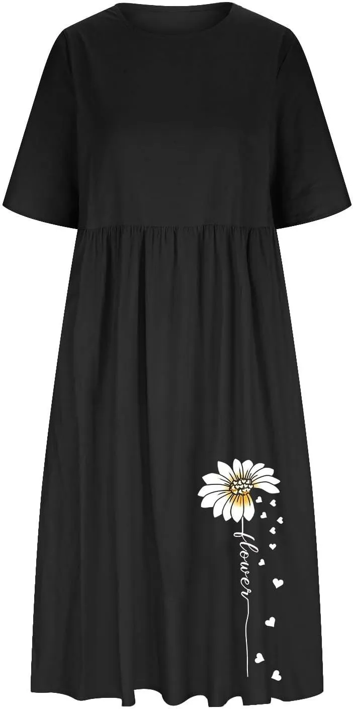 t Shirt Dresses for Women 2024 Printed Cotton Linen Plus Size Casual Dress with Pockets Short Sleeve Pocketed Dress