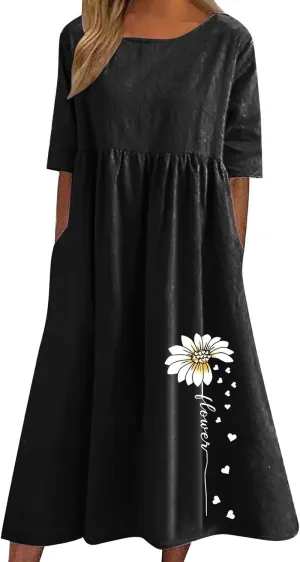 t Shirt Dresses for Women 2024 Printed Cotton Linen Plus Size Casual Dress with Pockets Short Sleeve Pocketed Dress