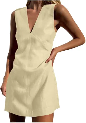Tank Dresses for Women Summer Casual Loose Fit V Neck Sleeveless Sundress Trendy Solid Beach Vacation Mini Dress
