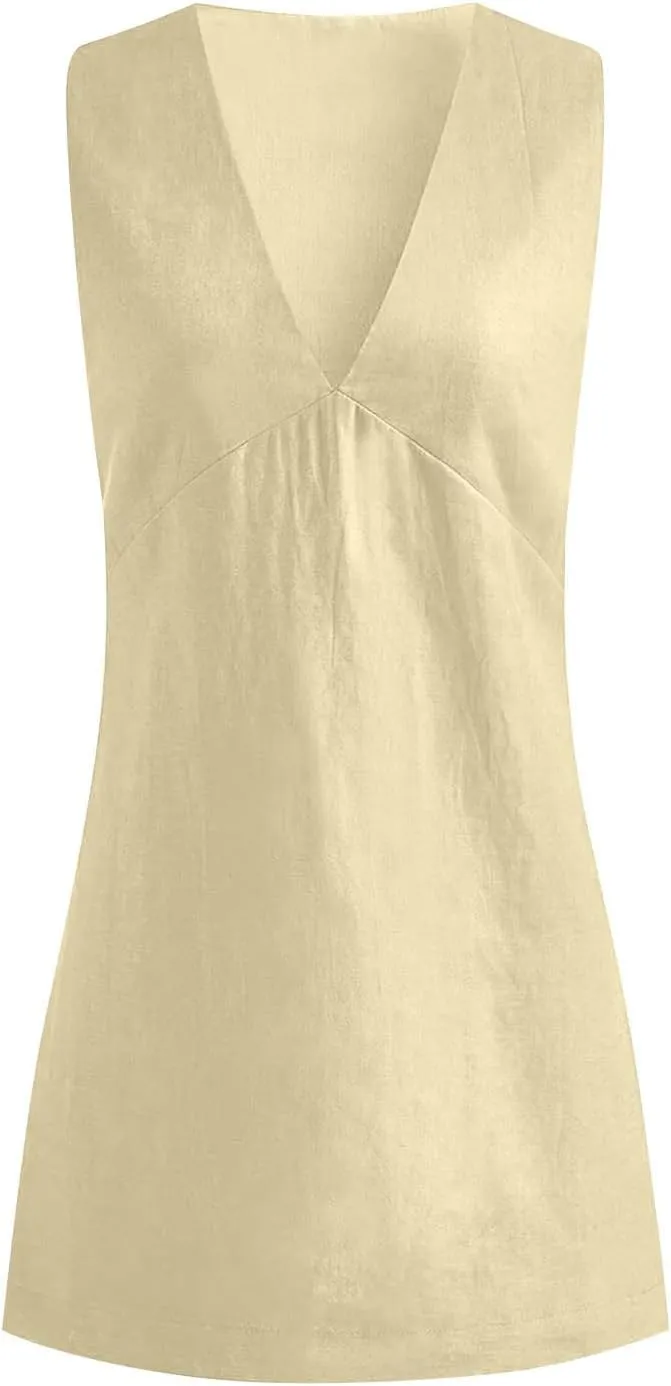 Tank Dresses for Women Summer Casual Loose Fit V Neck Sleeveless Sundress Trendy Solid Beach Vacation Mini Dress