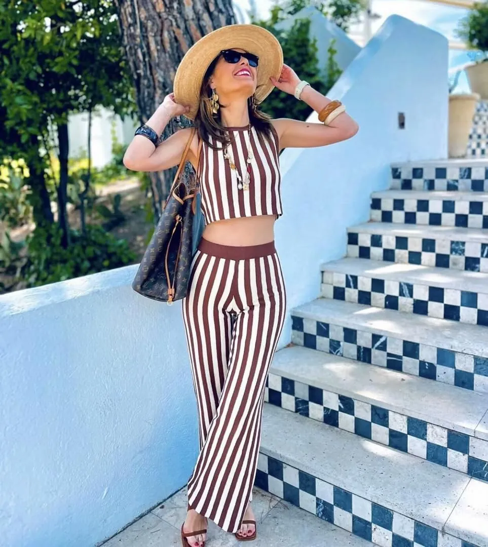 THLAI Women's 2 Piece Casual Knit Sets Sleeveless Top Wide Pants Lounge Stripe Outfits
