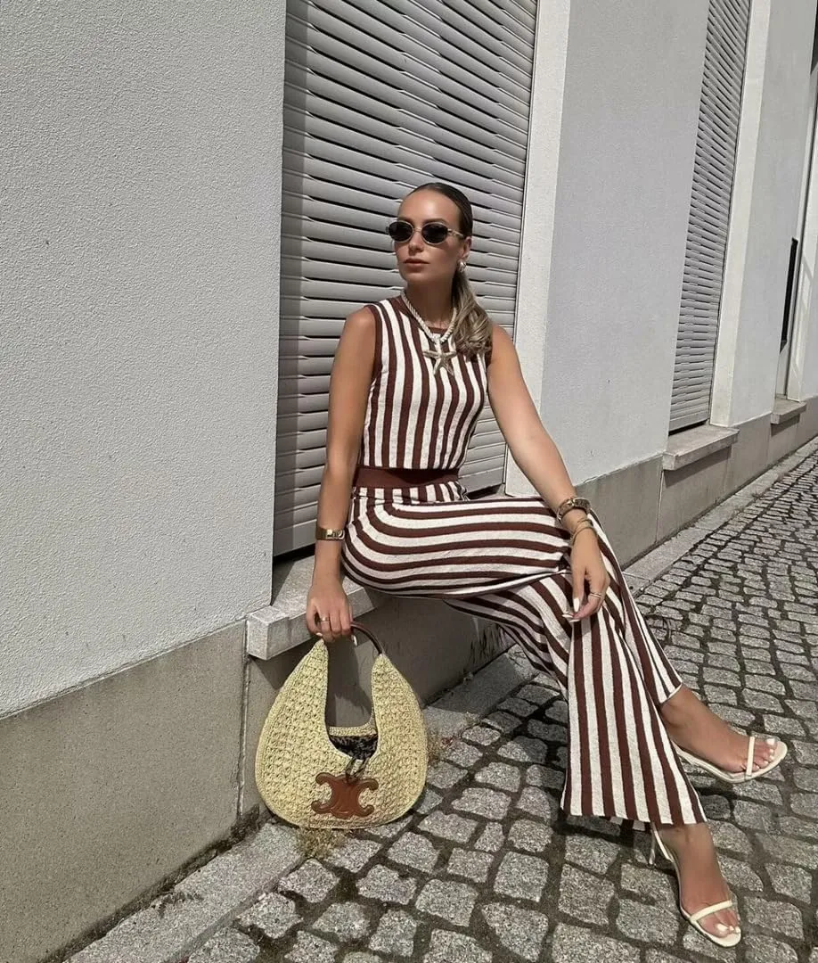 THLAI Women's 2 Piece Casual Knit Sets Sleeveless Top Wide Pants Lounge Stripe Outfits