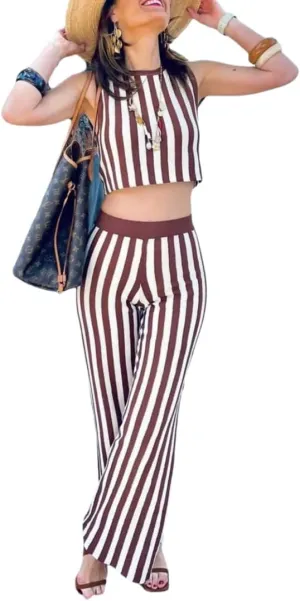 THLAI Women's 2 Piece Casual Knit Sets Sleeveless Top Wide Pants Lounge Stripe Outfits