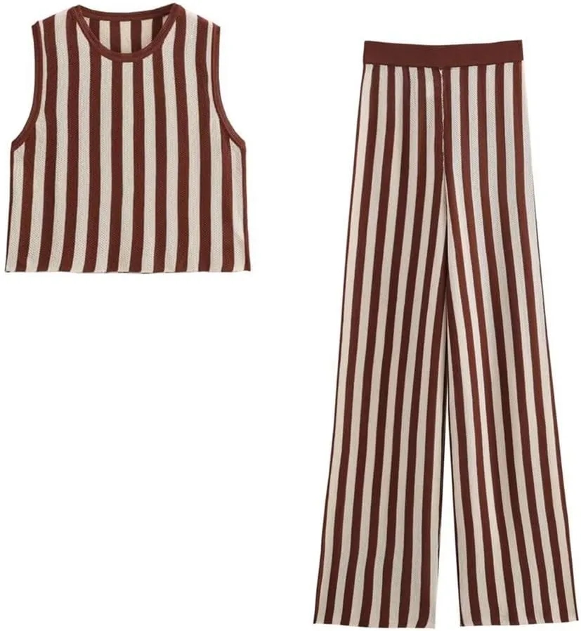 THLAI Women's 2 Piece Casual Knit Sets Sleeveless Top Wide Pants Lounge Stripe Outfits