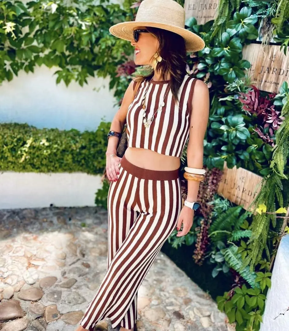 THLAI Women's 2 Piece Casual Knit Sets Sleeveless Top Wide Pants Lounge Stripe Outfits