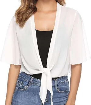 Tie Front Knot Shrug Bolero Women Summer Half Sleeve Open Front Cardigan Solid Chiffon Beach Bikini Coverup Crop Tops