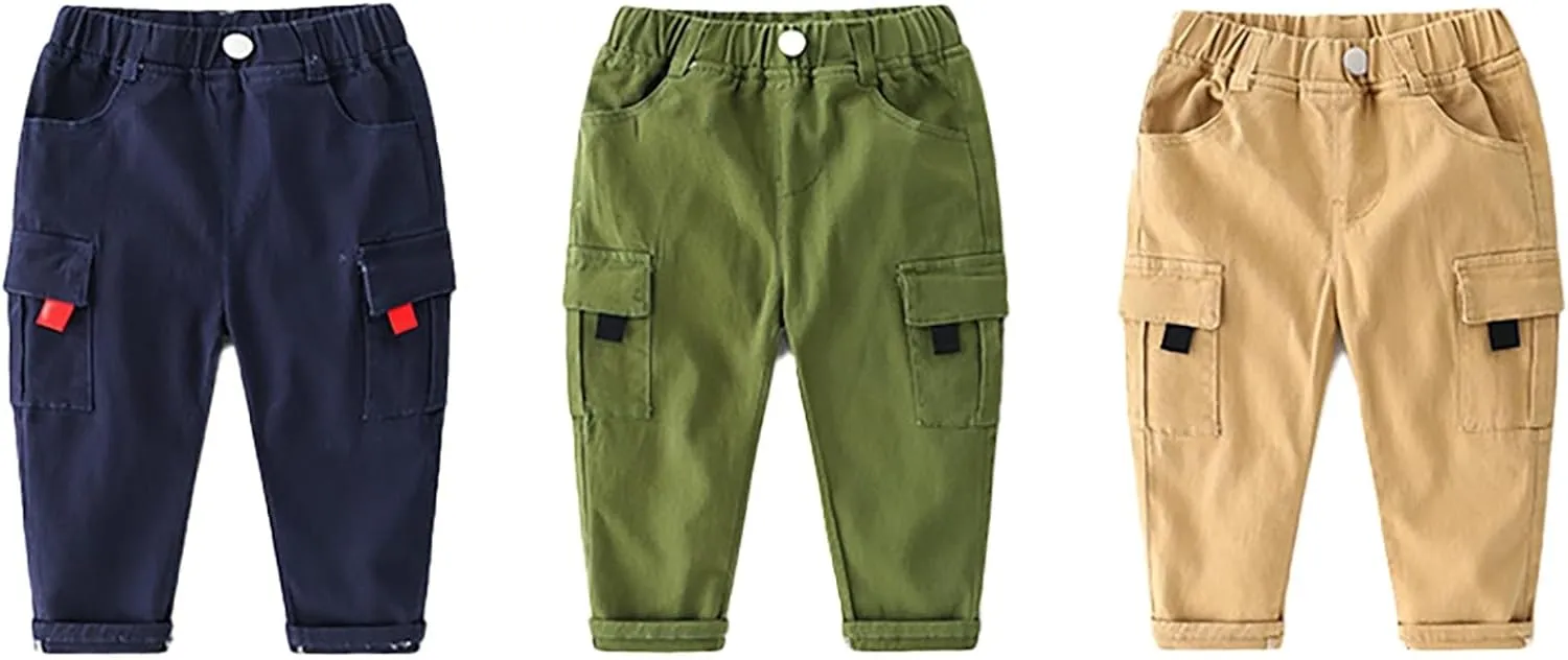 Toddler Baby Boys Twill Cargo Pants Pull-on Elastic Waist Baggy Joggers Solid School 𝐔niform Hiking Pants
