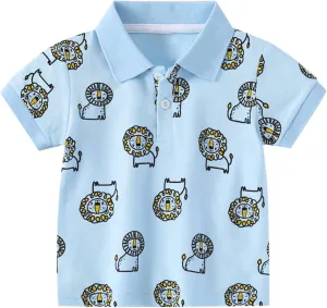 Toddler Short Sleeve Cotton Polo Shirt Cartoon Print Shirt for Baby Boys Loose Fit Collared Tops Summer Casual Clothes