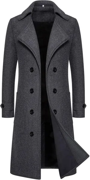 Trench Coat for Men Winter Wool Blend Jacket Double Breasted Overcoat Long Top Coat Warm Pea Coat
