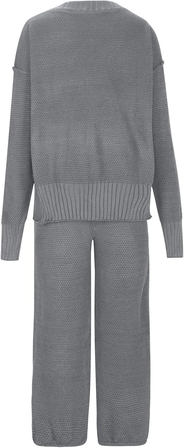 Two Piece Knit Sets for Women Casual Long Sleeve Button Down Sweaters and Pants Outfits Solid Lounge Matching Set