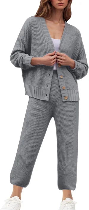 Two Piece Knit Sets for Women Casual Long Sleeve Button Down Sweaters and Pants Outfits Solid Lounge Matching Set