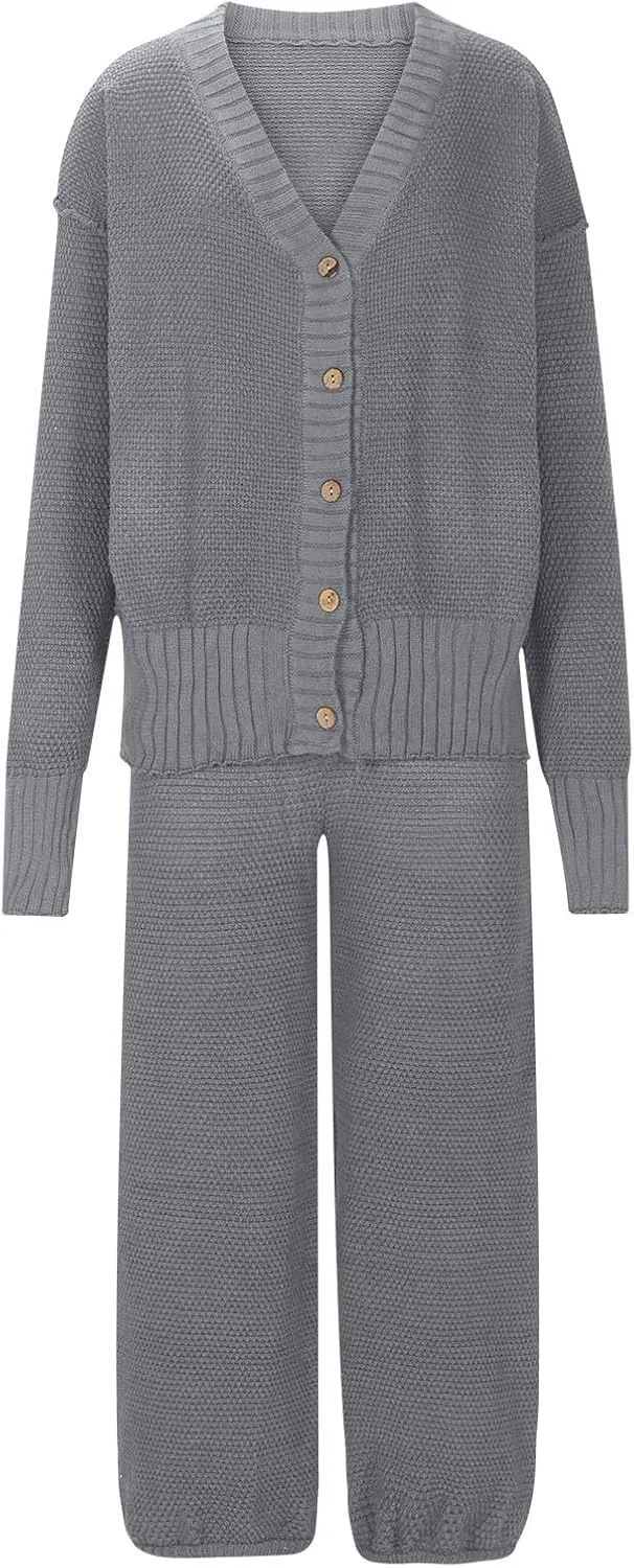 Two Piece Knit Sets for Women Casual Long Sleeve Button Down Sweaters and Pants Outfits Solid Lounge Matching Set