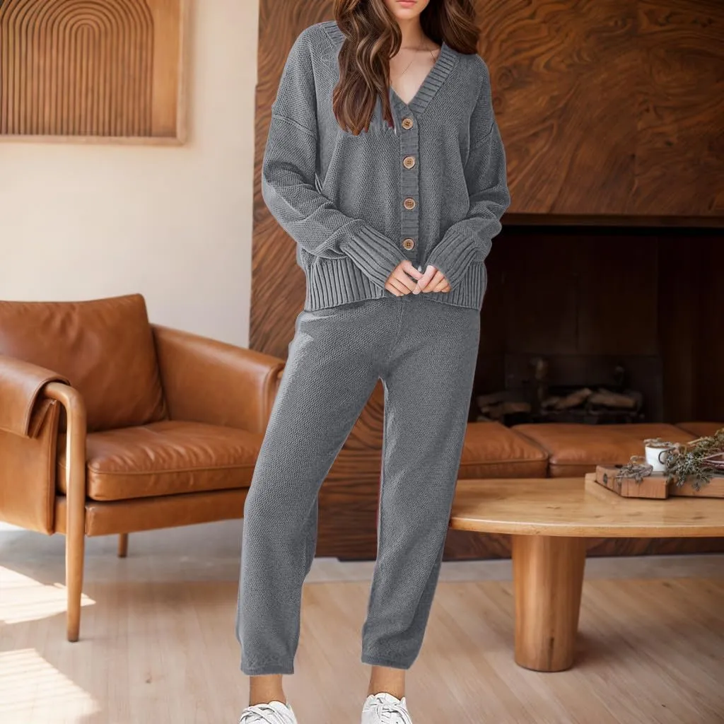 Two Piece Knit Sets for Women Casual Long Sleeve Button Down Sweaters and Pants Outfits Solid Lounge Matching Set