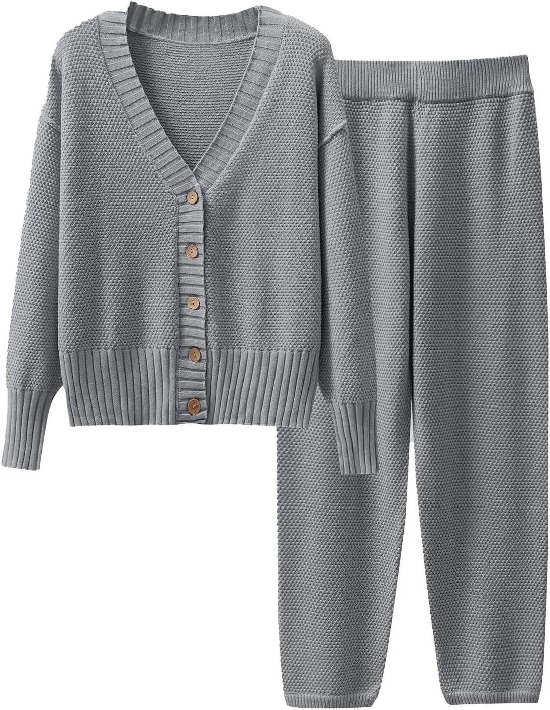Two Piece Knit Sets for Women Casual Long Sleeve Button Down Sweaters and Pants Outfits Solid Lounge Matching Set