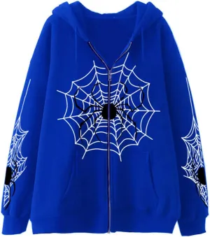 Unisex Spider Web Hoodies Jacket Halloween Zip Up Long Sleeve Y2K Tops Novelty Gothic Streetwear Oversized Sweatshirt