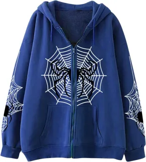 Unisex Spider Web Hoodies Jacket Halloween Zip Up Long Sleeve Y2K Tops Novelty Gothic Streetwear Oversized Sweatshirt