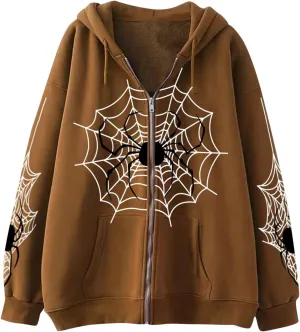 Unisex Spider Web Hoodies Jacket Halloween Zip Up Long Sleeve Y2K Tops Novelty Gothic Streetwear Oversized Sweatshirt