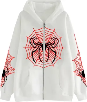 Unisex Spider Web Hoodies Jacket Halloween Zip Up Long Sleeve Y2K Tops Novelty Gothic Streetwear Oversized Sweatshirt