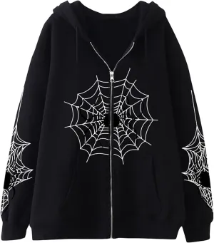 Unisex Spider Web Hoodies Jacket Halloween Zip Up Long Sleeve Y2K Tops Novelty Gothic Streetwear Oversized Sweatshirt