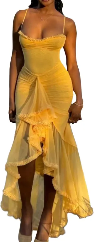 Unybwonn Women Cocktail Maxi Dress Sleeveless Ruched Ruffle Hem Mesh Dresses High Low Split Spaghetti Strap Sundress