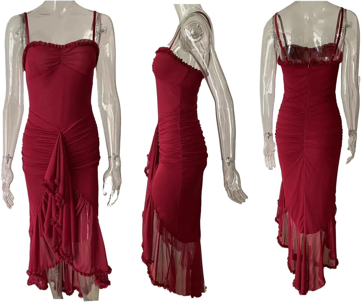 Unybwonn Women Cocktail Maxi Dress Sleeveless Ruched Ruffle Hem Mesh Dresses High Low Split Spaghetti Strap Sundress