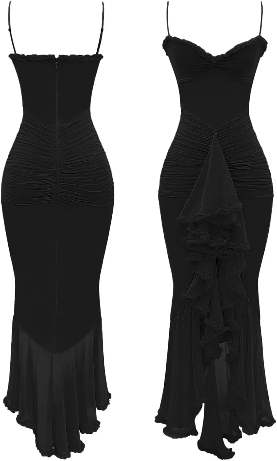 Unybwonn Women Cocktail Maxi Dress Sleeveless Ruched Ruffle Hem Mesh Dresses High Low Split Spaghetti Strap Sundress