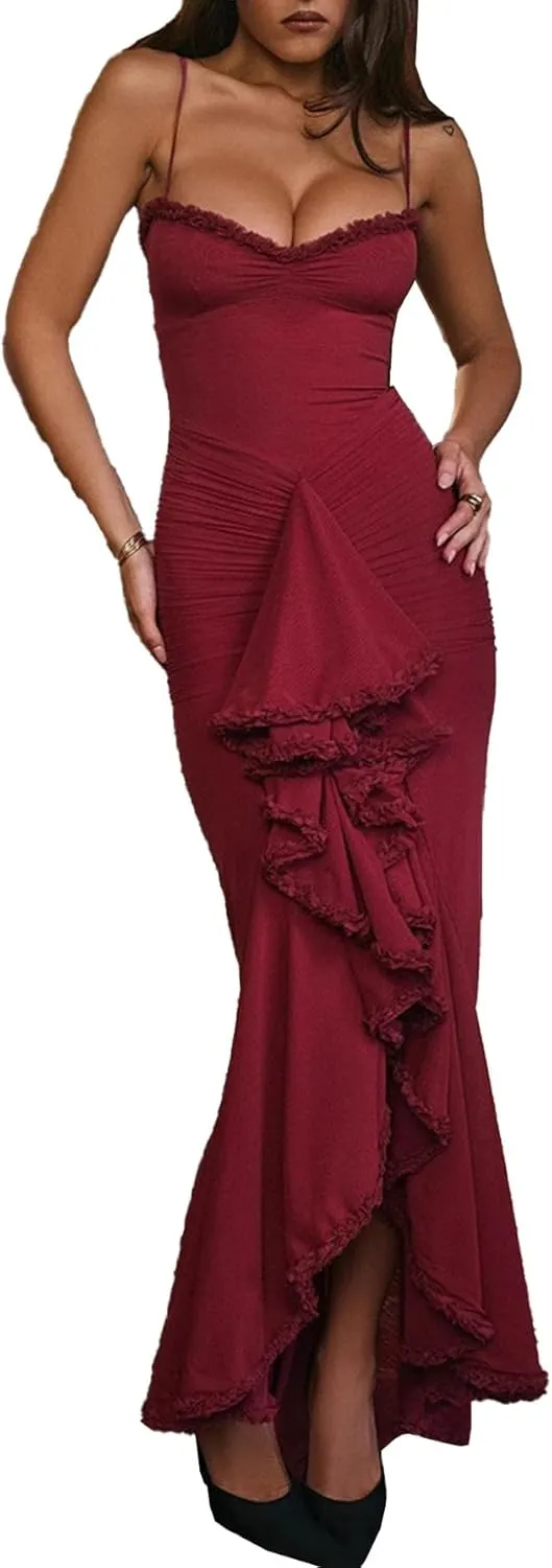 Unybwonn Women Cocktail Maxi Dress Sleeveless Ruched Ruffle Hem Mesh Dresses High Low Split Spaghetti Strap Sundress