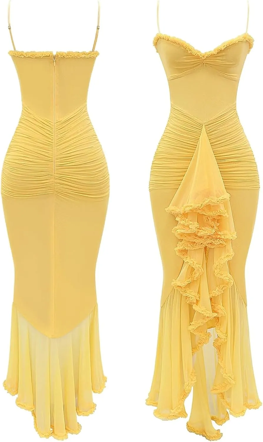 Unybwonn Women Cocktail Maxi Dress Sleeveless Ruched Ruffle Hem Mesh Dresses High Low Split Spaghetti Strap Sundress