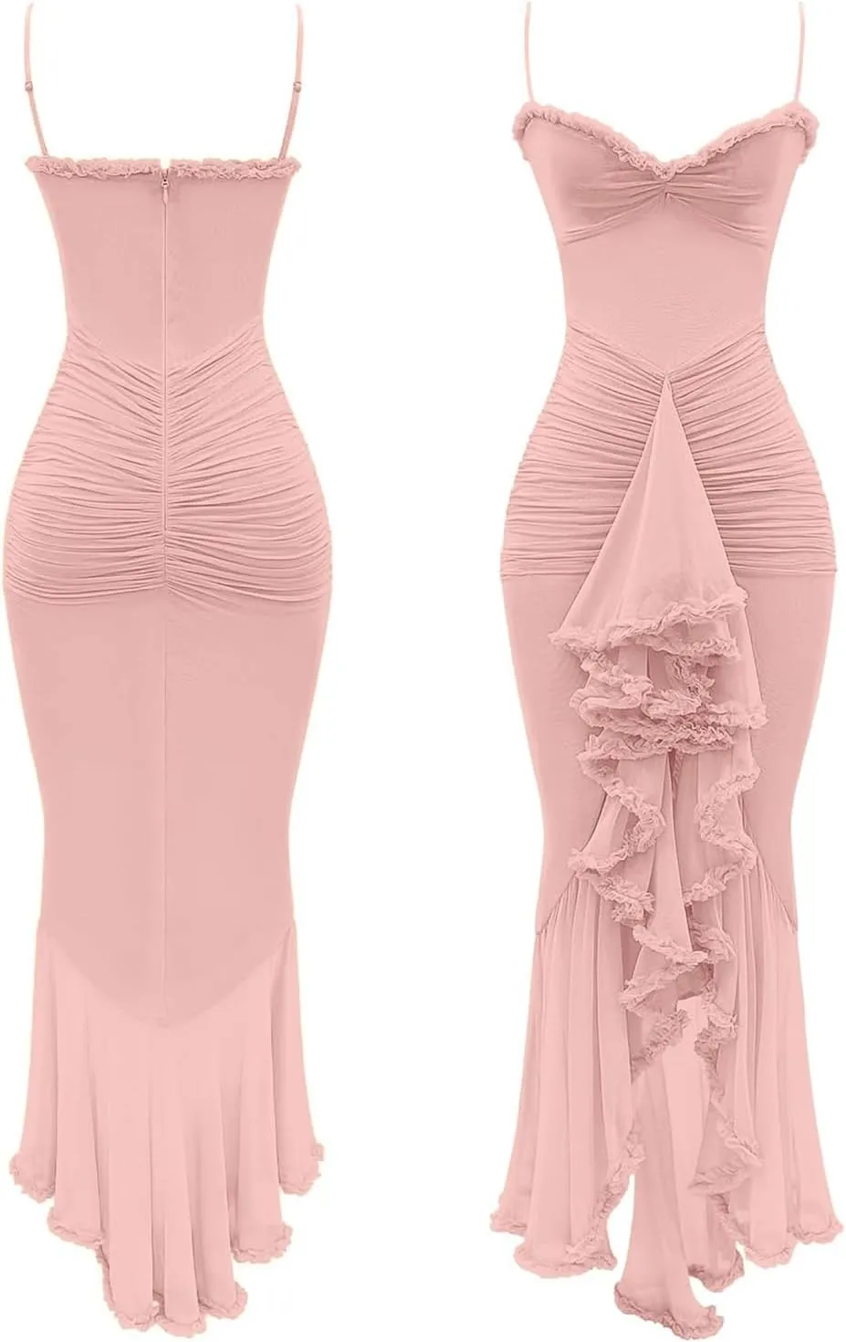 Unybwonn Women Cocktail Maxi Dress Sleeveless Ruched Ruffle Hem Mesh Dresses High Low Split Spaghetti Strap Sundress