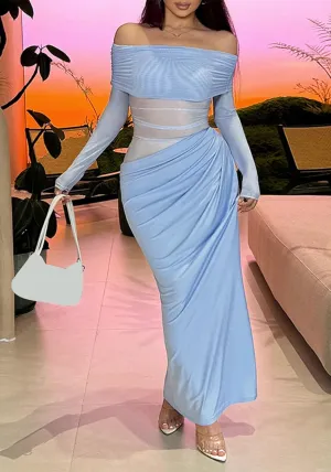 Unybwonn Women Sexy Off Shoulder Mesh Maxi Dress Long Sleeve Ruched Party Formal Stretch Elegant Party Club Long Dresses