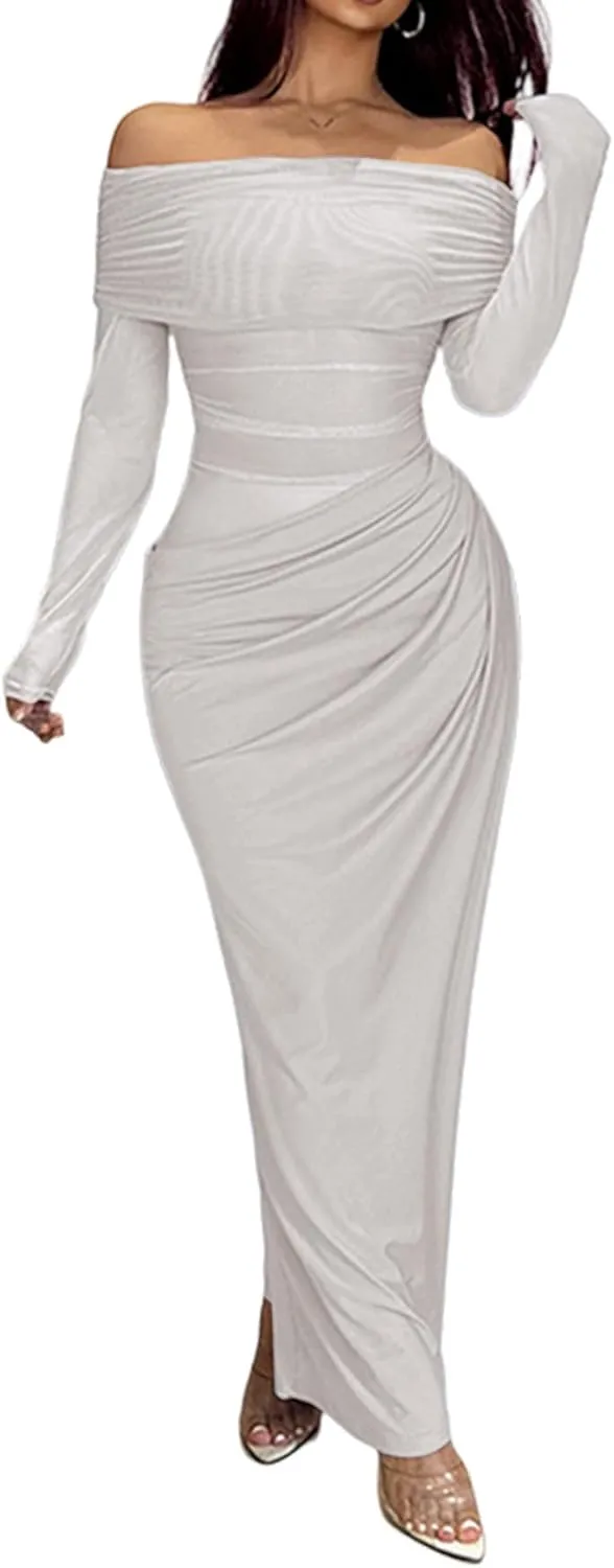 Unybwonn Women Sexy Off Shoulder Mesh Maxi Dress Long Sleeve Ruched Party Formal Stretch Elegant Party Club Long Dresses