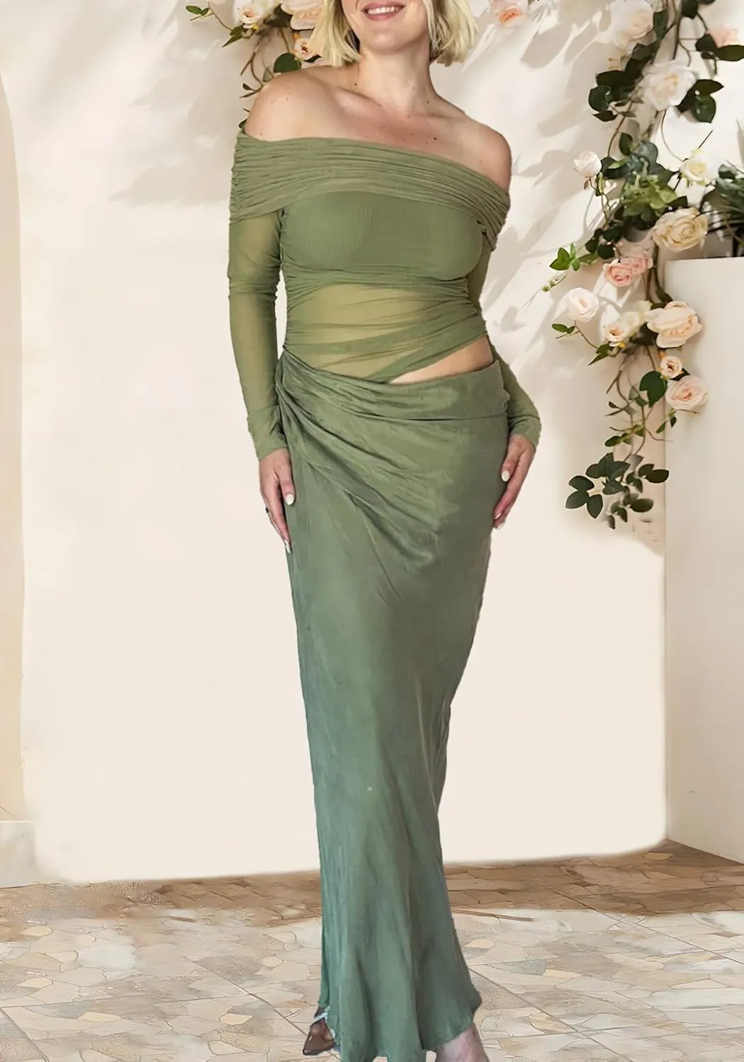 Unybwonn Women Sexy Off Shoulder Mesh Maxi Dress Long Sleeve Ruched Party Formal Stretch Elegant Party Club Long Dresses