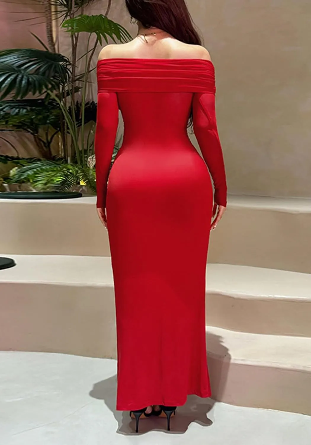 Unybwonn Women Sexy Off Shoulder Mesh Maxi Dress Long Sleeve Ruched Party Formal Stretch Elegant Party Club Long Dresses