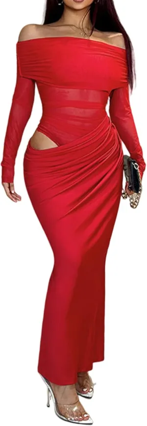 Unybwonn Women Sexy Off Shoulder Mesh Maxi Dress Long Sleeve Ruched Party Formal Stretch Elegant Party Club Long Dresses