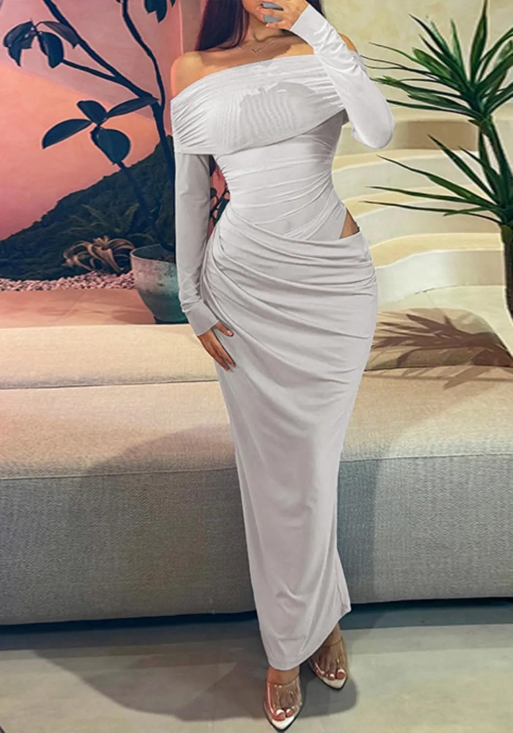 Unybwonn Women Sexy Off Shoulder Mesh Maxi Dress Long Sleeve Ruched Party Formal Stretch Elegant Party Club Long Dresses