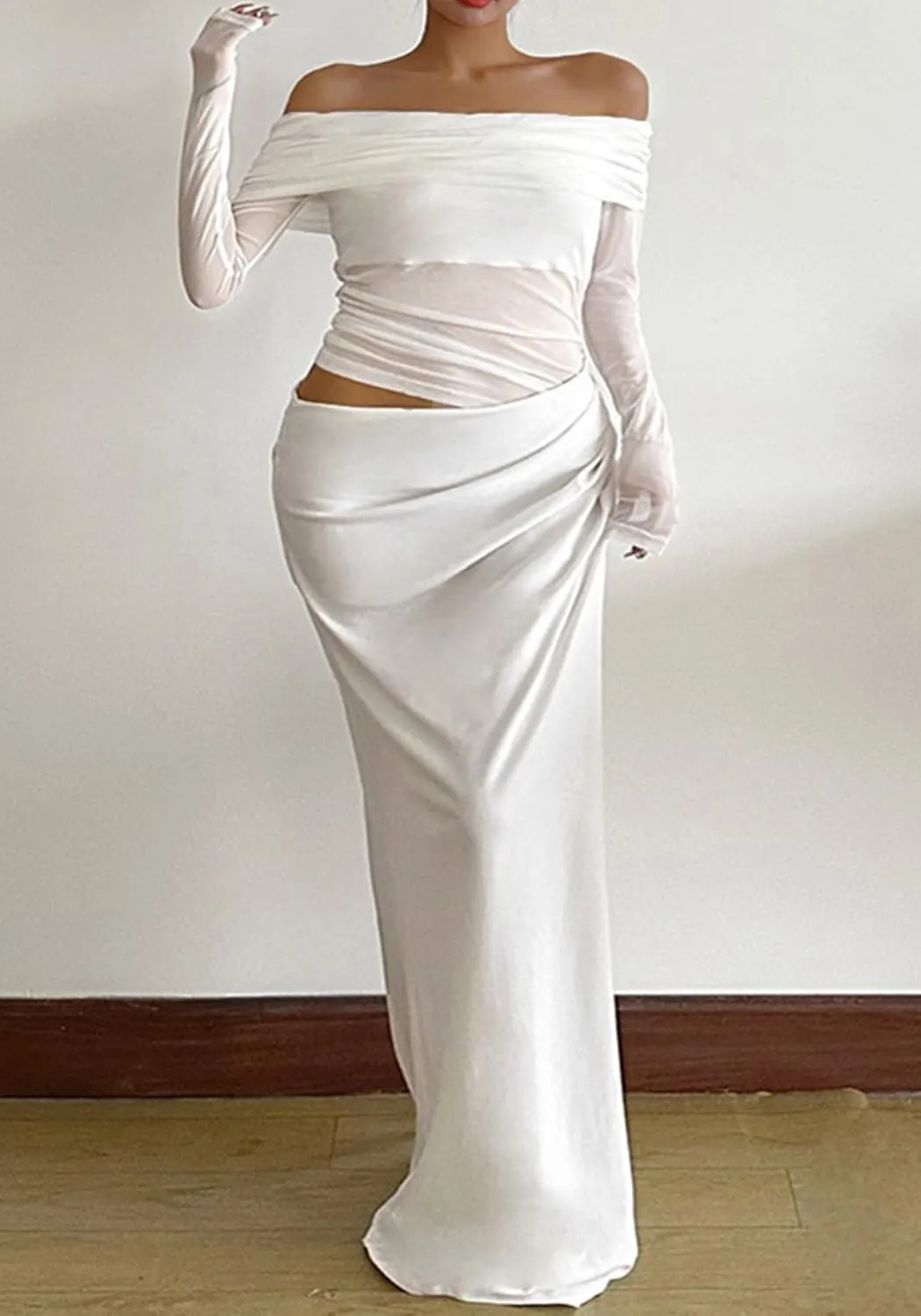 Unybwonn Women Sexy Off Shoulder Mesh Maxi Dress Long Sleeve Ruched Party Formal Stretch Elegant Party Club Long Dresses