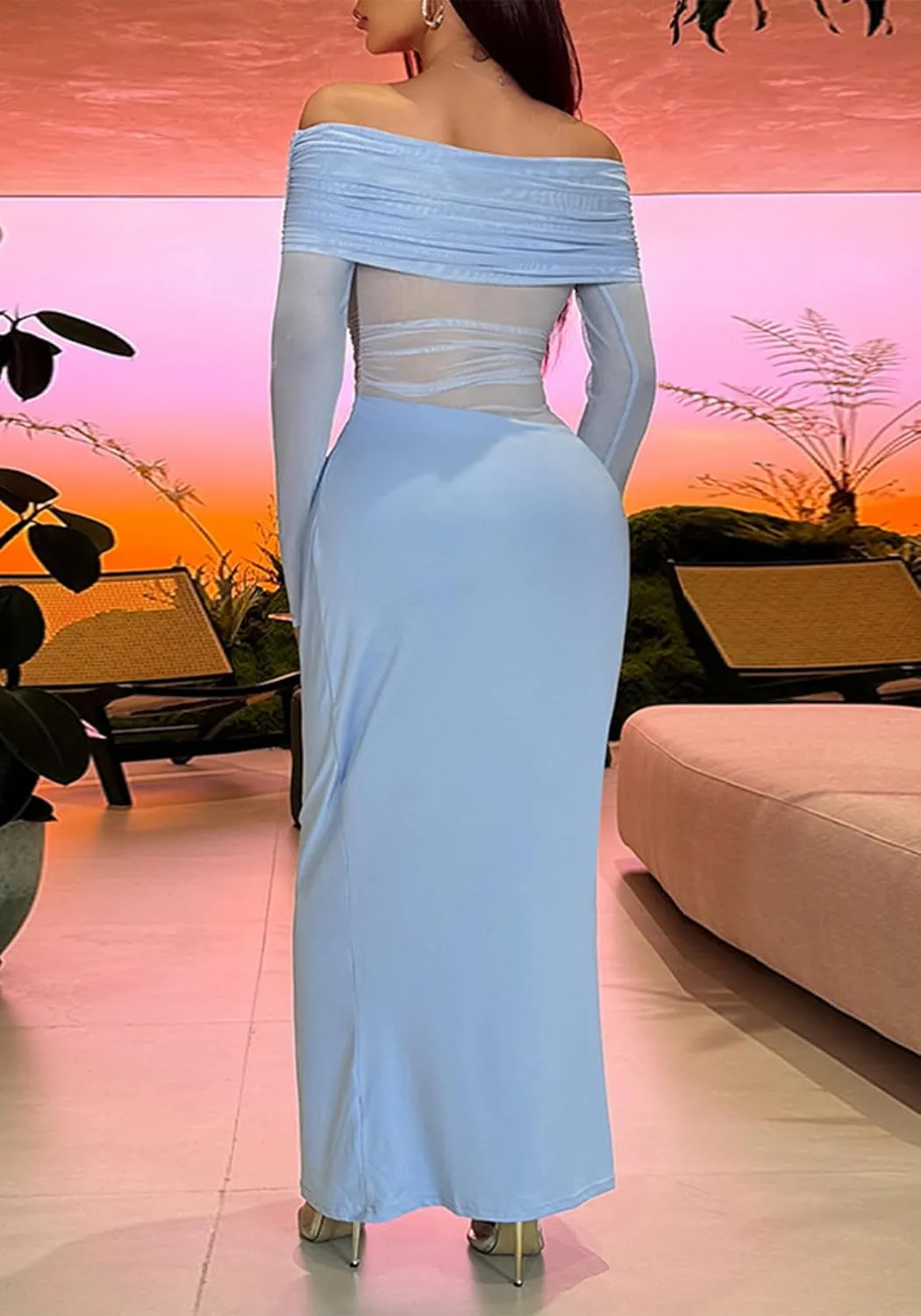 Unybwonn Women Sexy Off Shoulder Mesh Maxi Dress Long Sleeve Ruched Party Formal Stretch Elegant Party Club Long Dresses