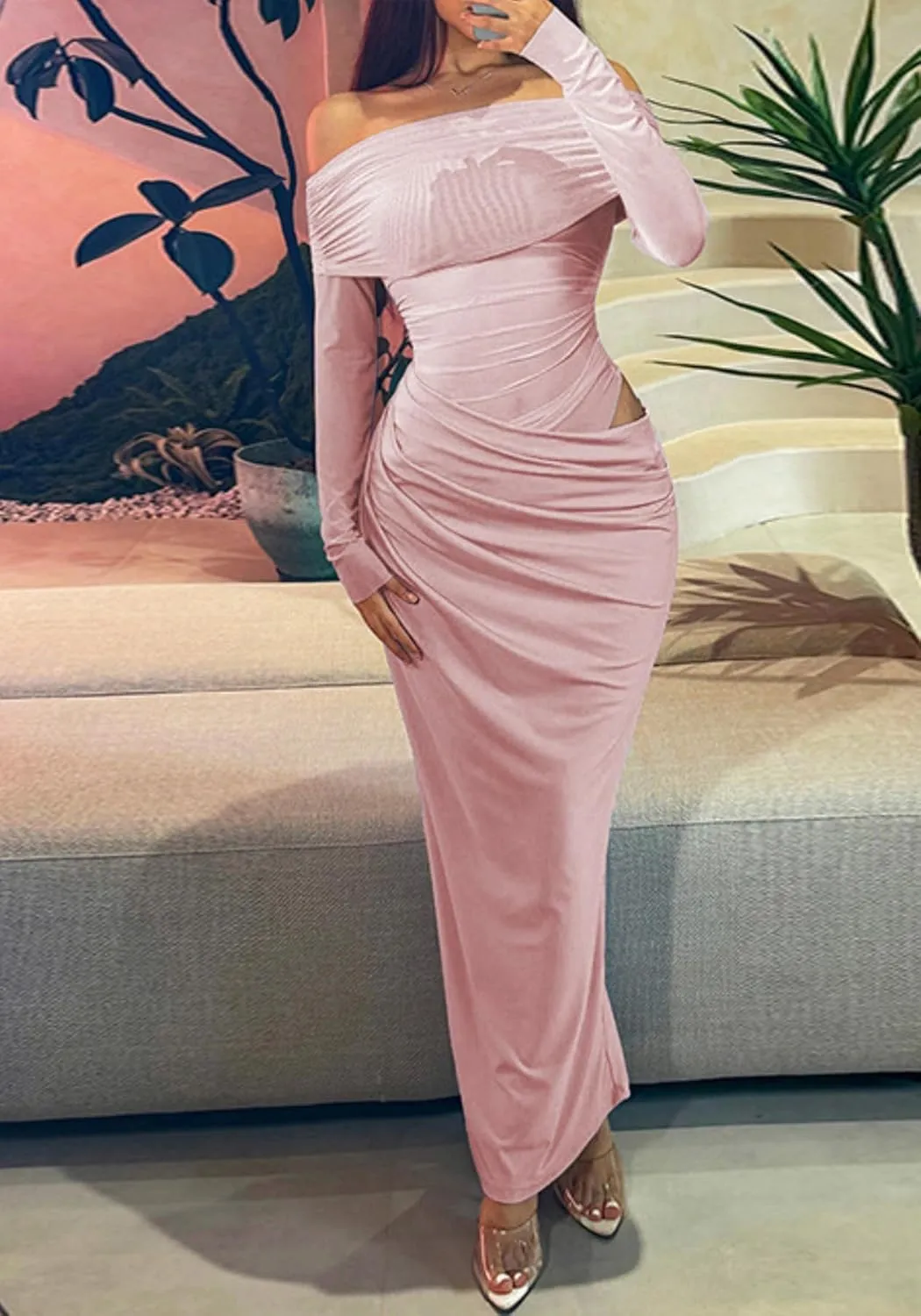 Unybwonn Women Sexy Off Shoulder Mesh Maxi Dress Long Sleeve Ruched Party Formal Stretch Elegant Party Club Long Dresses