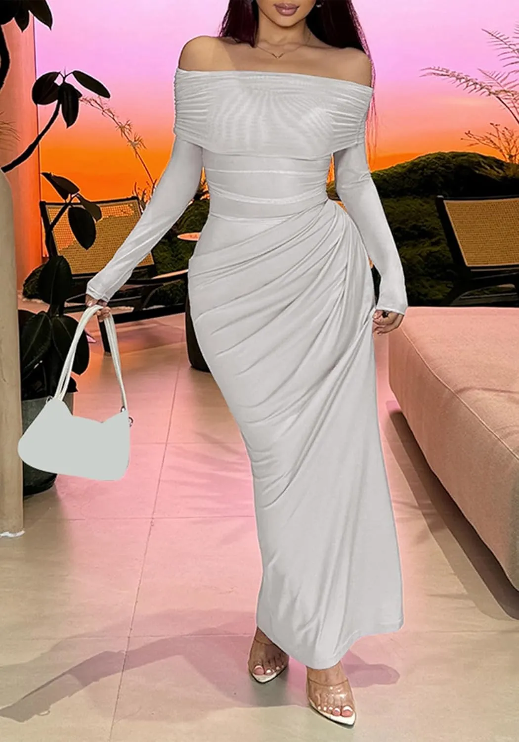 Unybwonn Women Sexy Off Shoulder Mesh Maxi Dress Long Sleeve Ruched Party Formal Stretch Elegant Party Club Long Dresses