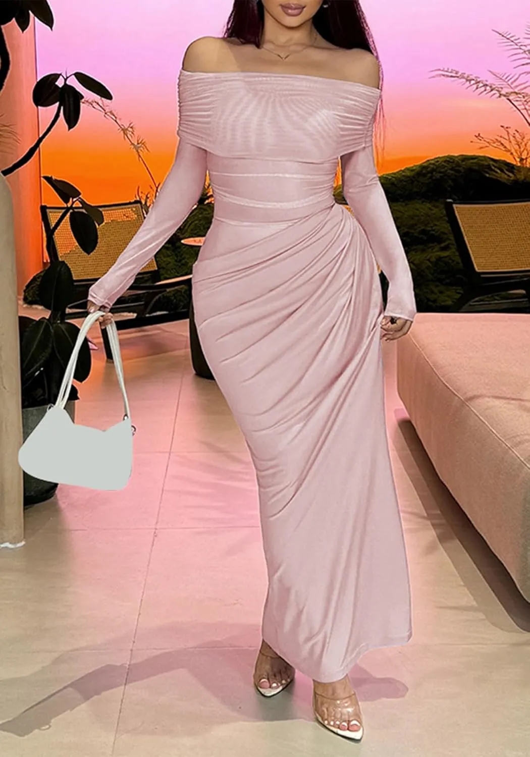 Unybwonn Women Sexy Off Shoulder Mesh Maxi Dress Long Sleeve Ruched Party Formal Stretch Elegant Party Club Long Dresses